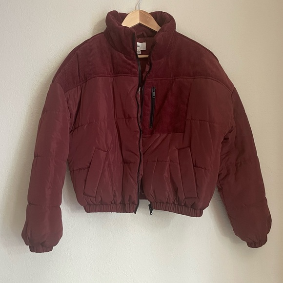 Corduroy Full Zip Puffer Jacket in Burgandy - Picture 2 of 7
